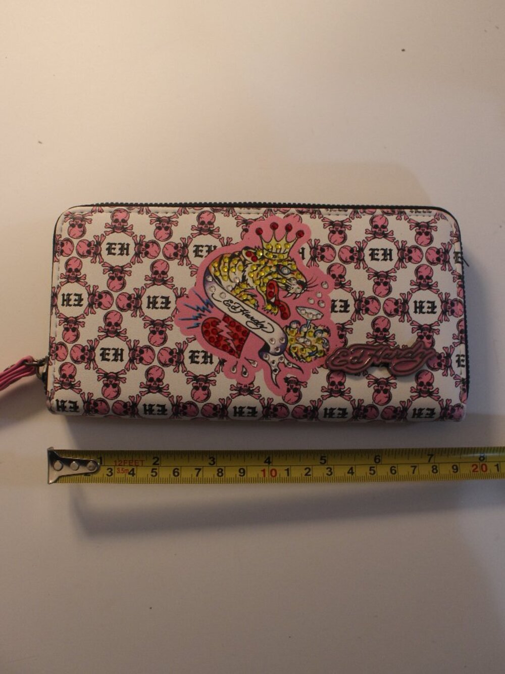 Ed Hardy Pink Skull Print Rhinestone Tiger Wristlet